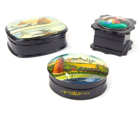 Three Russian black lacquered trinket boxes, each with a painted panel depicting various scenes, to include boat scenes signe