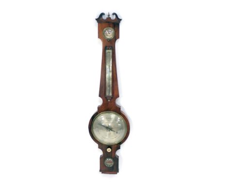 A mid 19thC wheel barometer by Pastorelli and Co for Croft Street Hatton Garden, with silvered thermometer and level, bone kn