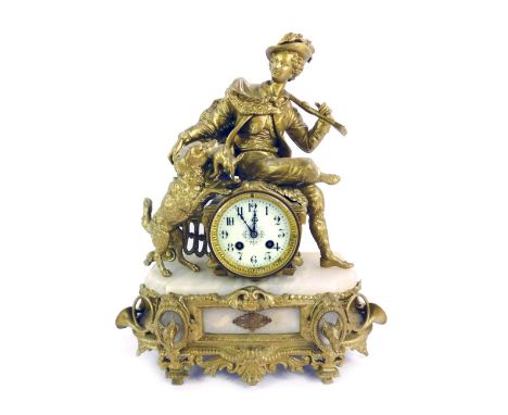 A 19thC French marble and gilt metal mantel clock, the enamel Arabic numeral dial, with eight day movement, the case surmount