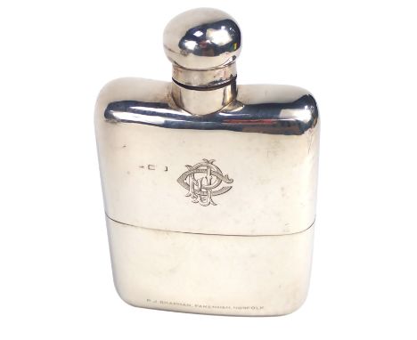 An early 20thC silver hip flask, of plain form, monogram engraved, with lower slip case engraved P J Chapman, Fakenham, Norfo