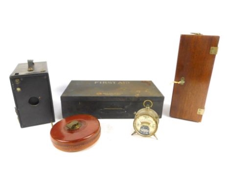 An ESL cased microscope, a box camera, a Boots empty First Aid Kit, Pifco Common volt meter, and a John Rabone &amp; Sons vin