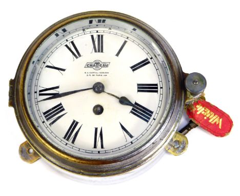 A 20thC ship's bulk head clock, with enamel Roman numeric dial, named to Chateau S.A. 1500000 BP 36 Paris VII, thirty hour mo