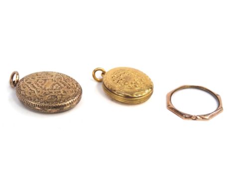 Two yellow metal lockets, each with engine engraved floral decoration, rose and yellow gold, unmarked, 4cm and 3cm high, and 