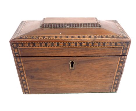 A 19thC rosewood and parquetry tea caddy, of sarcophagus form, the hinged lid enclosing twin compartments, 13cm high, 21cm wi