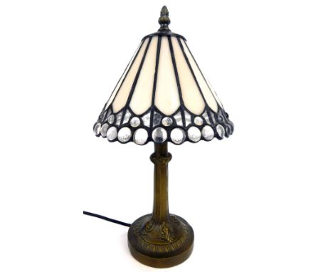 A Tiffany style small table lamp, with a cream and clear glass beaded shade, on metal frame, 41cm high.