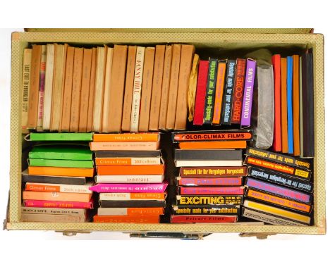 A quantity of Super 8mm vintage glamour reel to reel disks and printed material, contained in a suitcase. 