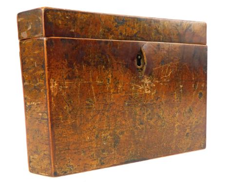 A 19thC yew tea caddy, of rectangular form, opening to reveal two fitted and lined interiors, 13cm high, 18cm wide. (AF)
