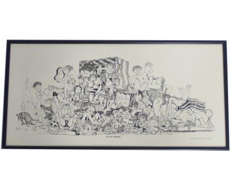 After Robert Olley (20thC School). Caricature print, The Day Trippers, signed, 30cm x 63cm, framed and glazed.