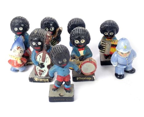 Seven Robertsons figures, together with a Noddy and Policeman ceramic figure. (AF)