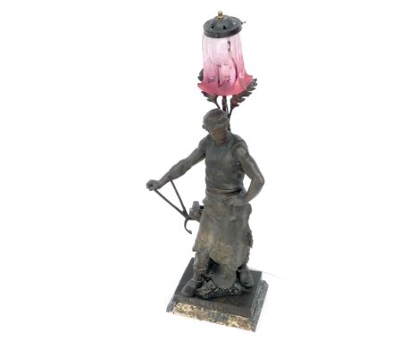E Picault. Le Travail bronze figure of a blacksmith, on a stepped marble base, converted to electricity as a lamp, with later