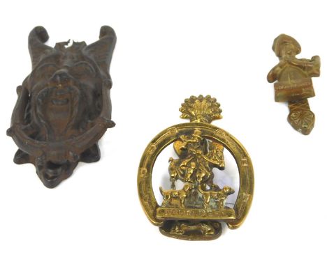 Three reproduction door knockers, comprising a brass door knocker of John Peel, with wheat sheaf top, 14cm high, a brass Ripp