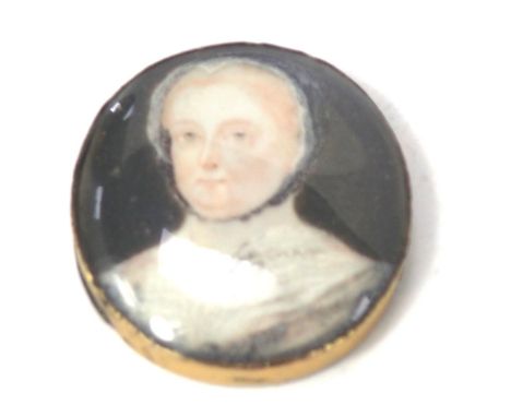 A 19thC portrait miniature, of lady in lace evening dress, in a gilt metal frame, 3cm x 2.5cm. 