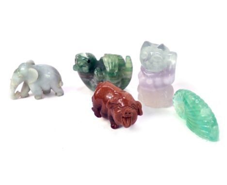 A group of hard stone carved animals, to include a Chinese Lucky Cat, 7.5cm high, elephant, 5cm high, etc. (a quantity)