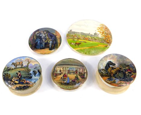 Five 19thC and later Prattware and Prattware style pot lids, comprising Uncle Toby, 10cm diameter, The Room in Which Shakespe