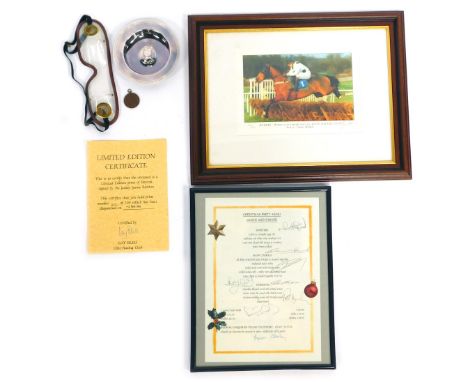 A group of horse racing related memorabilia, to include a Christmas party menu, bearing various signatures, photographic prin