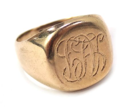 A 9ct gold signet ring, with a square panel inscribed with letters ALP, ring size R½, 6.2g. 