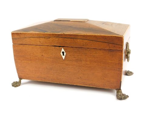 A 19thC rosewood tea caddy, with a domed top, brass lion mask handles on claw feet, lacking bowl, 19cm high, 33cm wide, 18cm 