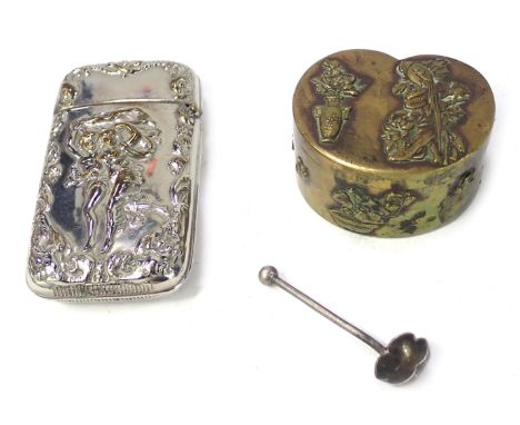 Two Art Nouveau style trinket boxes, comprising a brass heart shaped trinket box with parrots, 5cm diameter, and a silver pla