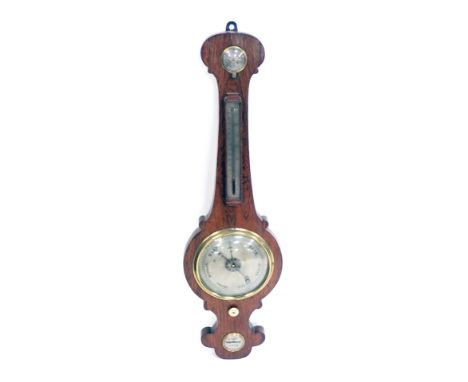 A 19thC wheel barometer, in a rosewood case by G. Boss of London, with silvered thermometer and level, turned bone knop, etc.