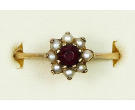 A 9ct gold garnet and pearl cluster ring, N, 1.8gm 