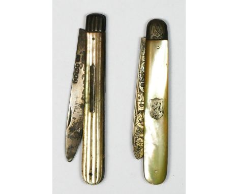A Victorian silver and mother of pearl fruit knife, Sheffield 1892 and another with broken mother of pearl, Sheffield 1865 (2