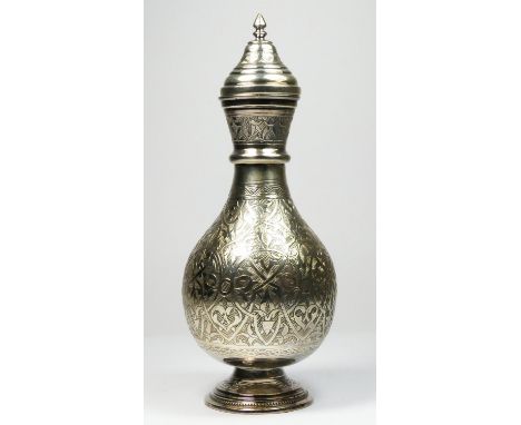 An Egyptian silver lidded flask, Cairo, 0.900 standard, of baluster form with all over scroll engraved decoration, 26cm, 315g