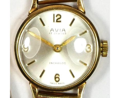 Avia a 9ct gold manual wind ladies wristwatch, gilt metal bracelet 