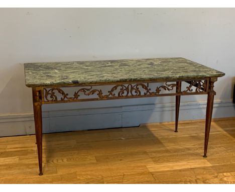 A Marble topped coffee table, on a copper effect metal base, with cast floral decoration, 93cm x 45cm x 47cm  Overall in very