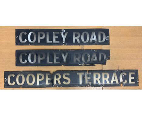 Three enamel singled sided road signs, two for Copley Road, 86cm , one for Coopers Terrace, 123cm (3) 