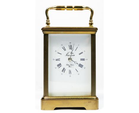 L'Epee a French brass carriage time piece, white enamel dial and signed movement 14cm, 