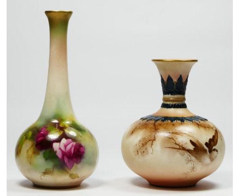 A Royal Worcester bud vase, hand painted with sprays of roses, shape no. 2491, puce printed marks, 13cm, together with a Hadl