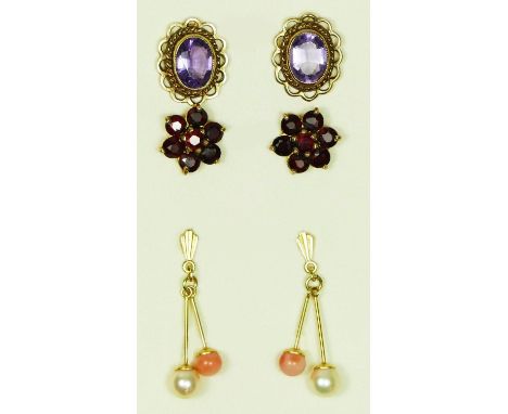 A pair of 9ct gold and amethyst ear studs, a 9ct gold garnet cluster pair and a coral and cultured pearl pair, 4.6gm 