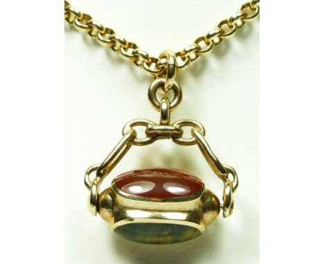 A 9ct gold belcher link chain, 52cm, 21gm, with 9ct gold triple swivel fob, mother of pearl, cornelian and agate. 