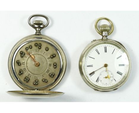 A nickel cased Mysteria Braille full hunter pocket watch, together with a silver .935 standard keyless wind pocket watchboth 