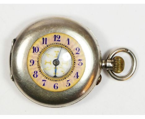A Victorian silver and pink guilloche enamel ladies half hunter fob watch, Birmingham 1885, later 1911 dedication, 35mm. 