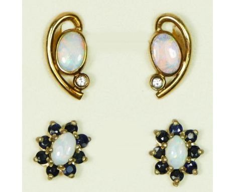 A 9ct gold pair of opal and diamond ear studs and an opal and sapphire pair, 2.4gm 