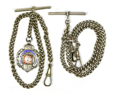 A silver graduated double curb link watch chain, Birmingham 1921, 36cm and a single uniform curb link watch chain, with silve
