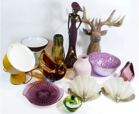 A pair of Art Deco glass shell wall lights, together with a modern futuristic ceiling light, art glass bowls, vases and other