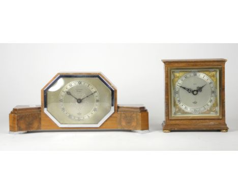 A 1920s Art Deco Elliott 8 day mantel clock, with outswept walnut veneered mahogany case, silvered dial with chrome bezel, ra