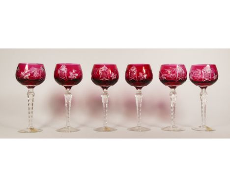 A set of six Dresden ruby stem cordial glasses, hand cut crystal, 19cm tall.(6) 