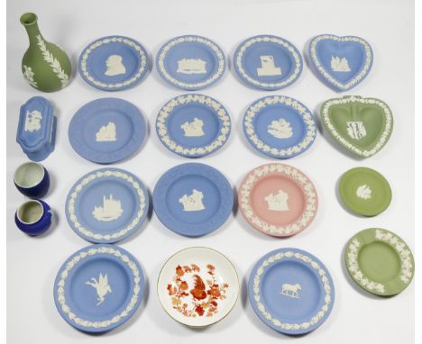 A collection of Wedgewood Jasperware pottery pieces, to include twelve collector plates, 11cm diameter, a teal green bud vase