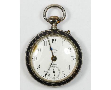 Eterna, a silver and niello keyless wind alarm pocket watch, alarm/silent lever, 49mm 