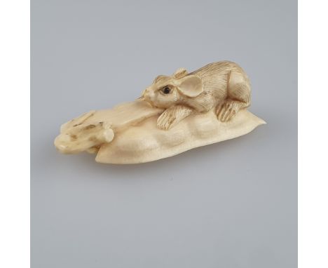 Netsuke - feine Elfenbein-Schnitzarbeit mit gravierten und akzentuierten Details, Katabori, Ratte auf Bohnenschote, Himotoshi