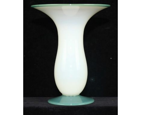 A Steuben opalescent white and jade green flared bud vase, 15 cm high