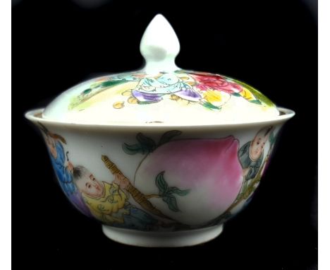 A Chinese porcelain miniature bowl and cover, the domed cover with bud finial, decorated in famille rose colours with childre