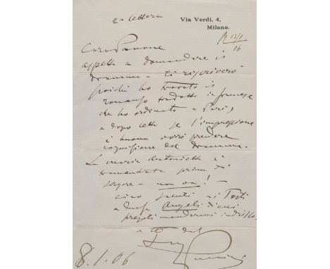 PUCCINI GIACOMO: (1858-1924) Italian Composer. A.L.S, G. Puccini, one page, 4to folded, n.p. [Milan], 8th January 1906, to Pa