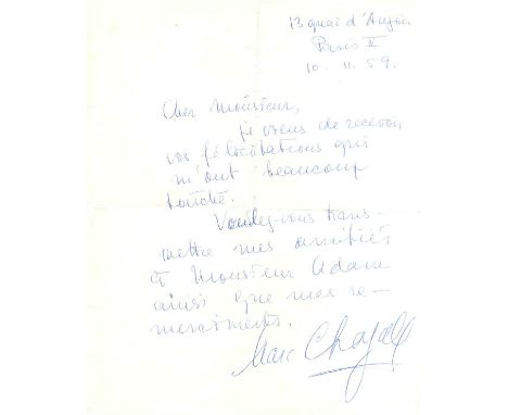 CHAGALL MARC: (1887-1985) Russian-born French Artist. L.S., Marc Chagall, one page, 4to, Paris, 10th November 1959, to Monsie