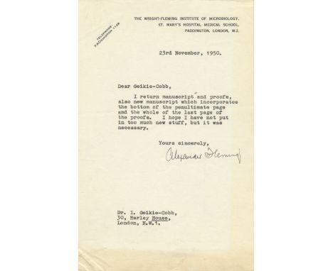  FLEMING ALEXANDER: (1881-1955) Scottish Biologist, Nobel Prize winner for Physiology or Medicine, 1945. T.L.S., Alexander Fl