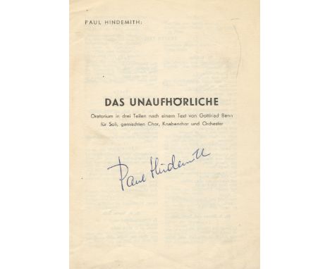 HINDEMITH PAUL: (1895-1963) German Composer, Violinist and Conductor. A printed small 4to programme, eight pages, n.p., n.d.,