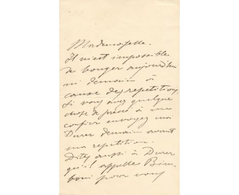 LEONCAVALLO RUGGIERO: (1857-1919) Italian Composer. A.L.S., R. Leoncavallo, two pages, 8vo, n.p., n.d., to Mademoiselle Nikit